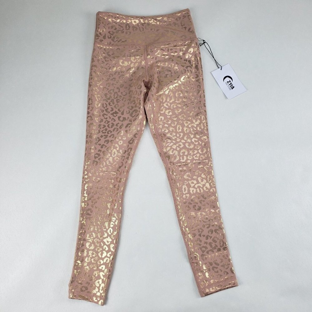 ZYIA Leopard Light n Tight Leggings Pink Womens 2 Gold Unicorn Hi Rise